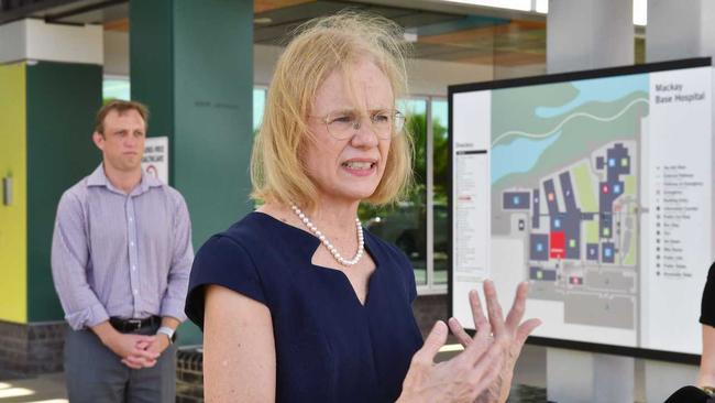 Queensland Health Steven Miles and Queensland Chief Health Officer Dr Jeannette Young speak at a press conference at the Mackay Base Hospital. Picture: Tony Martin