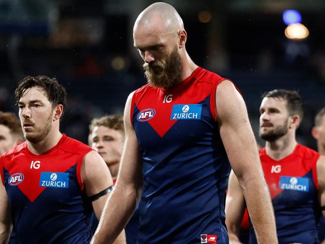 GEELONG, AUSTRALIA - JUNE 22: Max Gawn of the Demons looks dejected after a loss during the 2023 AFL Round 15 match between the Geelong Cats and the Melbourne Demons at GMHBA Stadium on June 22, 2023 in Geelong, Australia. (Photo by Michael Willson/AFL Photos via Getty Images)