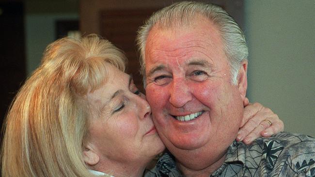 Dawn and Max Hewitt, grandparents of tennis player Lleyton Hewitt, at home in Glengowrie celebrating their grandson winning mens singles championship at Wimbledon 08 Jul 2002. with grandmother grandfather