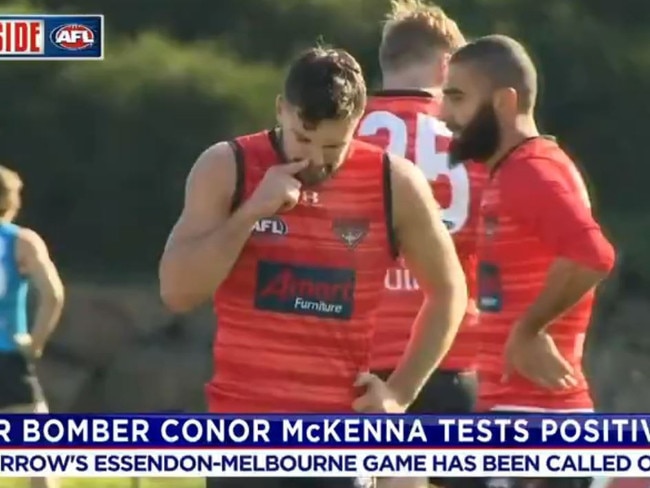 Conor McKenna seen during Essendon’s training session on Friday. Picture: 7 News