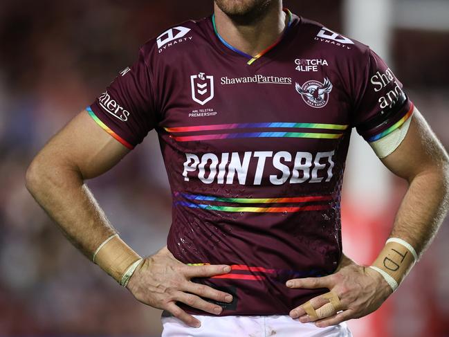 SYDNEY, AUSTRALIA - JULY 28:  The Manly Sea Eagles rainbow pride jersey is seen on a player during the round 20 NRL match between the Manly Sea Eagles and the Sydney Roosters at 4 Pines Park on July 28, 2022, in Sydney, Australia. (Photo by Cameron Spencer/Getty Images)