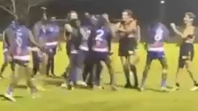 A melee broke out between Katherine Camels and Ngukurr Bulldogs players in the final round of the Big Rivers Football League. Picture: Supplied.