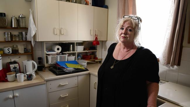 Housing Trust tenant Carol Newton at her Semaphore Park home of 10 years. She says there is rising damp and mould everywhere and the house is sinking at the front. Photo: Bianca De Marchi