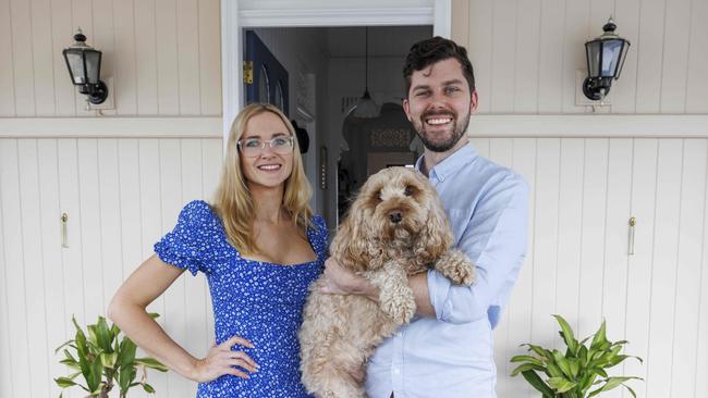 3rd October 2023Newlyweds Stefanie and Lachlan Cramb with their dog Georgia at there recently purchased home in Albion.Glenn Hunt / The Australian