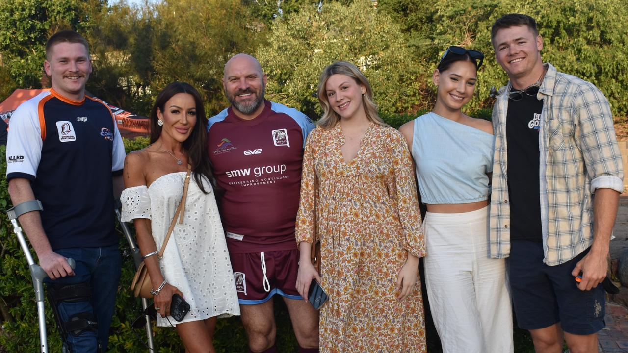 Travis Hewitt, Connie Rothery, Wade Rothery, Isla Rothery, Gabby Nielsen and Trent Richardson at the Capras versus Comets Legends game at Rugby Park, Rockhampton, on October 26, 2024.