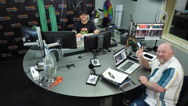 Jay Shipston and Dave Peters, of the Jay and Dave breakfast show on Triple M. You’ll note Jay’s side of the desk has all the buttons. Picture: Contributed