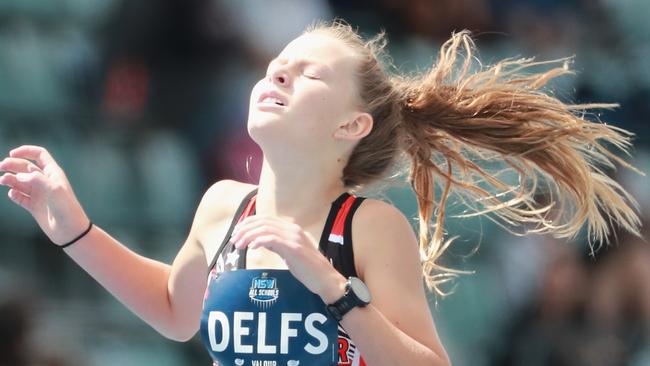 Mathilda Delfs reacts after winning a 400m race during 2021 NSW All Schools meet.