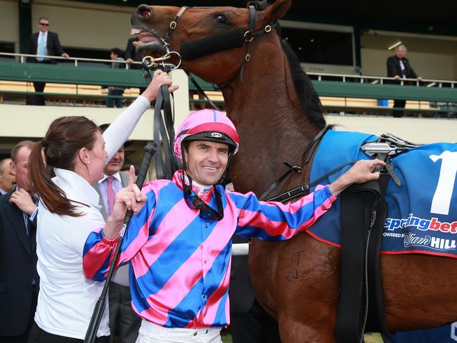 Dwayne Dunn after winning the Heffernan Stakes on Fast 'N' Rocking in 2014. Picture: Colleen Petch