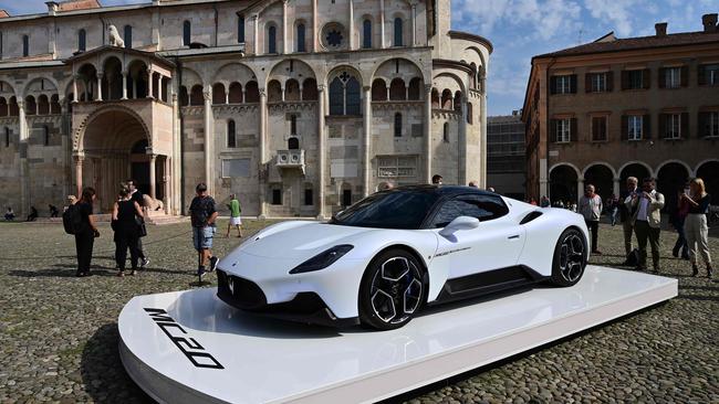 Maserati’s new MC20 is displayed on Piazza Grande in Modena. Picture: AFP