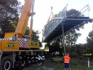 The new West Coffs pedestrian bridge has been swing into position. Picture: Coffs Harbour City Council