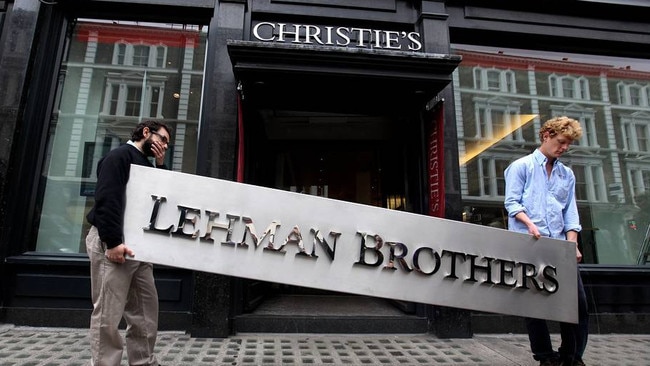 A Lehman Brothers sign up for auction in 2010. The bank’s September 2008 collapse was felt around the world. Picture: Getty Images