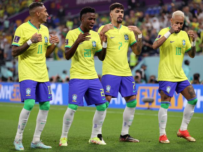 Vinicius Junior of Brazil (2L) celebrates with teammates after scoring the team's first goal. Picture: Michael Steele/Getty Images