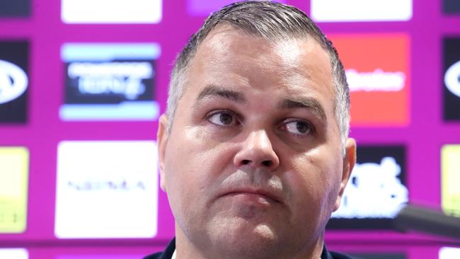 BRISBANE, AUSTRALIA - AUGUST 26: Brisbane coach Anthony Seibold speaks to the media during a Brisbane Broncos NRL media opportunity at the Clive Berghofer Centre on August 26, 2020 in Brisbane, Australia. (Photo by Jono Searle/Getty Images)