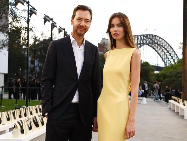 Alex Schuman, CEO of Carla Zampatti on the runway with model Frankie Scot ahead of the Carla Zampatti 60th anniversary runway show, during Australian Fashion Week. Picture: Jonathan Ng