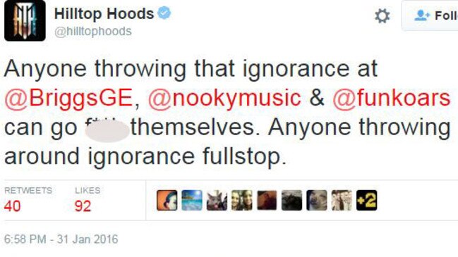 Aussie hip hop sensations the Hilltop Hoods also weighed into the controversy.