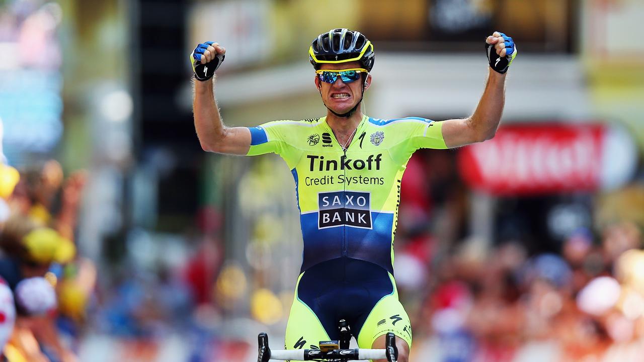 Michael Rogers of Australia and the Tinkoff-Saxo team celebrates winning stage 16 of the 2014 Tour de France, a 238km stage between Carcassonne and Bagneres-de-Luchon, on July 22, 2014 in Bagneres-de-Luchon, France. (Photo by Bryn Lennon/Getty Images)