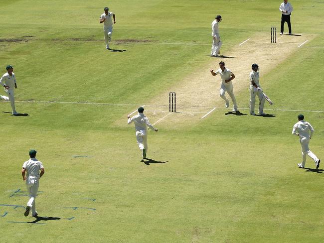 Players celebrate a wicket during the third Test between Australia and England in Perth.