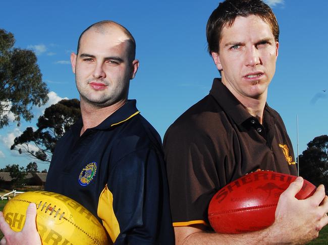 Golden Grove’s Adam Peterson (left) as A Grade captain in 2008. Peterson has been an icon of the club for over a decade. Picture: Noelle Bobridge