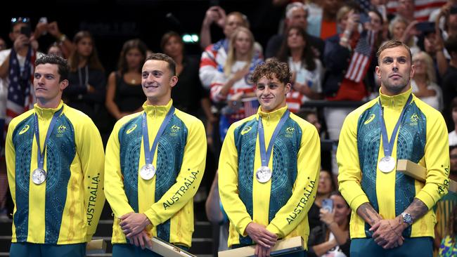 Jack Cartwright, Flynn Southam, Kai Taylor and Kyle Chalmers celebrate their silver medal. Picture: Maddie Meyer/Getty Images