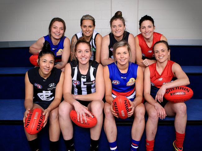 womens marquee players unveiled back row left to right Ellie Blackburn 21  Moana Hope 28 Brianna Davey 21 & Mel Hickey 31 / Front row left to right Darcy Vescio Emma King 22 23  Katie Brennan 23  & Daisy Pearce 28   Picture:Wayne Ludbey