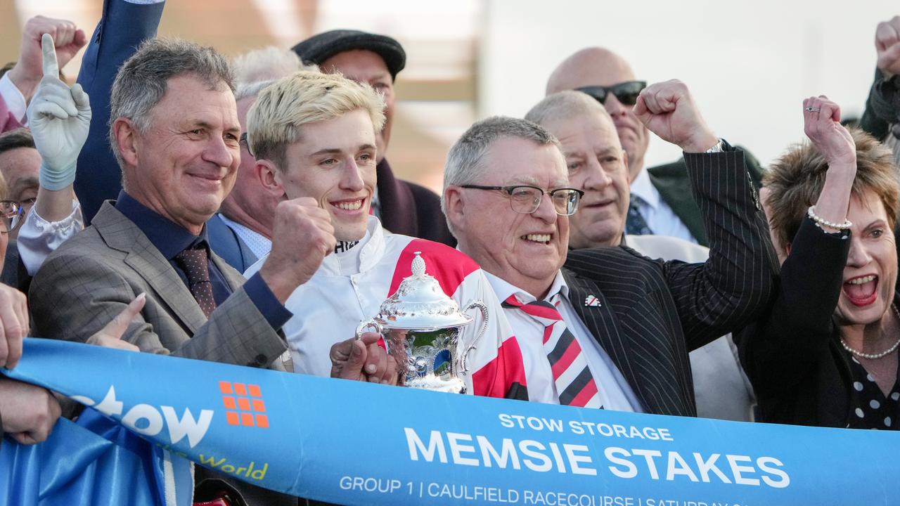 Trainer Enver Jusufovic (left) and jockey Ben Allen enjoy the celebrations. Picture: George Sal/Racing Photos via Getty Images