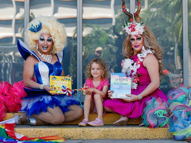 Ferocia Coutura , Lily Walford 4 and Vogue MegaQueen as The City of Palmerston Library and Drag Territory bring you Storytime with a twist! Young and old are invited to wear their sparkly, shimmery, glittery best and join local Top End Queens as the read age appropriate stories and songs for Drag Queen Storytime. Pic Glenn Campbell