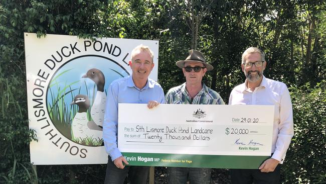 FUNDING: From left Kevin Hogan, Darren Coyne and Mark Bailey after $20,000 was allocated to regenerate the South Lismore duck pond. Photo: Contributed