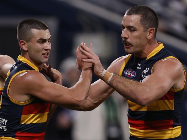 GEELONG, AUSTRALIA - AUGUST 03:  Josh Rachele of the Crows celebrates a goal  during the round 21 AFL match between Geelong Cats and Adelaide Crows at GMHBA Stadium, on August 03, 2024, in Geelong, Australia. (Photo by Darrian Traynor/Getty Images)