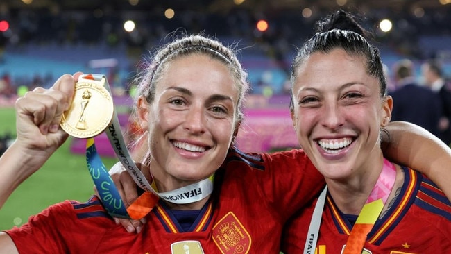 Spain midfielder Alexia Putellas, left, backed teammate Jenni Hermoso over RFEF president Luis Rubiales's alleged forced kiss. Picture: AFP