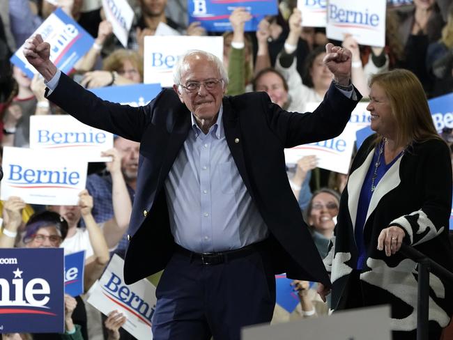 Democratic presidential hopeful Vermont Senator Bernie Sanders accompanied by his wife Jane O'Meara Sanders arrives during a 2020 Super Tuesday Rally at the Champlain Valley Expo in Essex Junction, Vermont. Picture: AFP