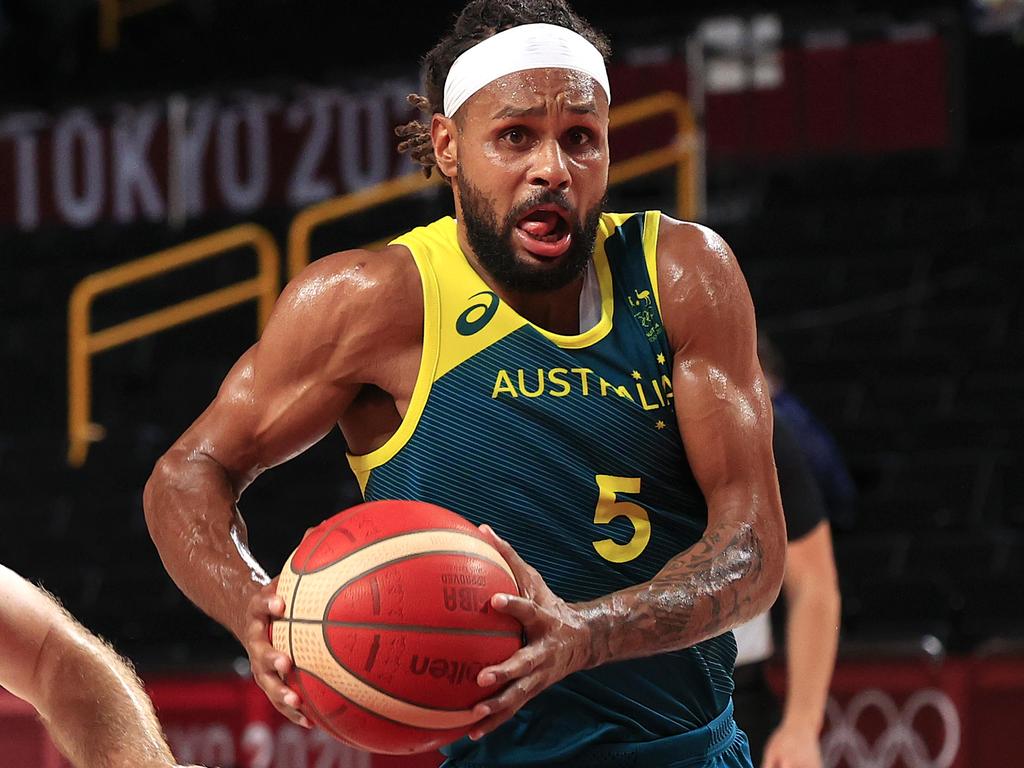 Boomers hero Patty Mills in action during the historic Australia vs Slovenia bronze medal game at the Tokyo Olympics. Picture: Adam Head