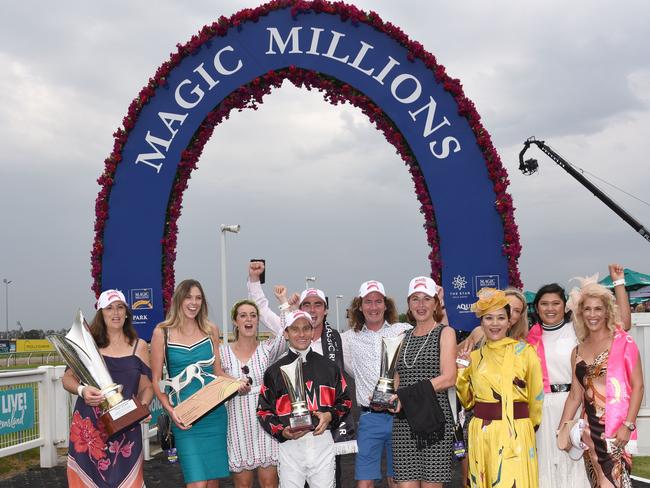 Winner of race 7 Away Game connections celebrate at the Magic Millions race day at the Gold Coast Turf Club. (Photo/Steve Holland)