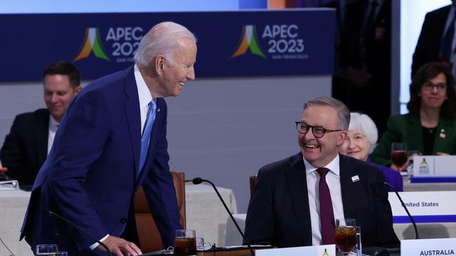 Joe Biden and Anthony Albanese at the APEC summit in San Francisco, California, on Friday (AEDT). Picture: Getty Images