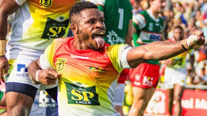 Judah Rimbu celebrates scoring a try for PNG Hunters. Source: Instagram.