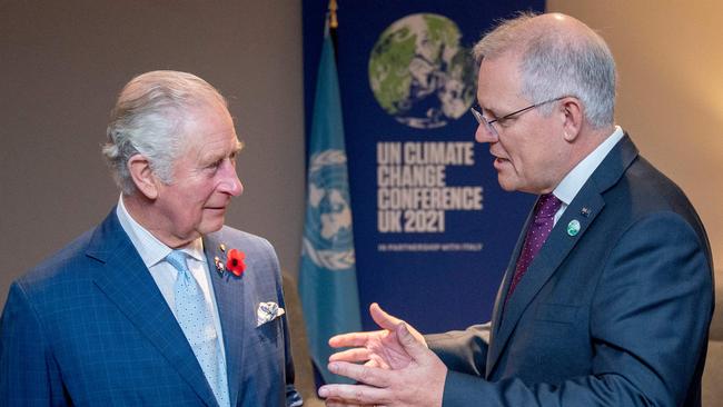 Britain's Prince Charles, Prince of Wales (L) meets with Prime Minister of Australia Scott Morrison during a bilateral meeting on the sidelines of the COP26 Climate Conference at the Scottish Event Campus in Glasgow, Scotland.