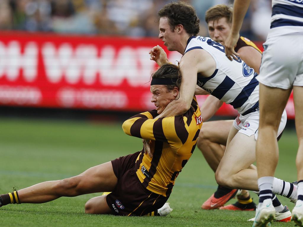 Jack Ginnivan needs to stop searching for a free kick and stay in the game. Picture: Michael Klein