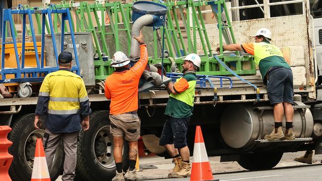 Workers at the Probuild worksite on 443 Queens St, Brisbane on Wednesday. Picture: Zak Simmonds