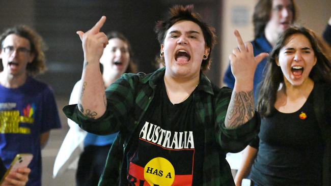 Protesters outside a Vote No event in Brisbane. Picture: NCA NewsWire / John Gass