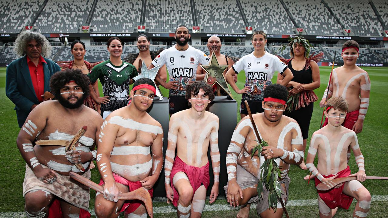 NRL and NRLW stars (LR) Kennedy Cherrington, Josh Addo-Carr and Shaylee Bent with traditional dancers at Bankwest stadium at the announcement of the NRL all star clash there on the 12th of February 2022. Picture: Adam Yip