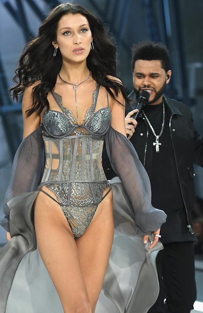 Bella Hadid walks the runway at last year’s show with her ex-boyfriend The Weekend. Picture: Dimitrios Kambouris/Getty Images