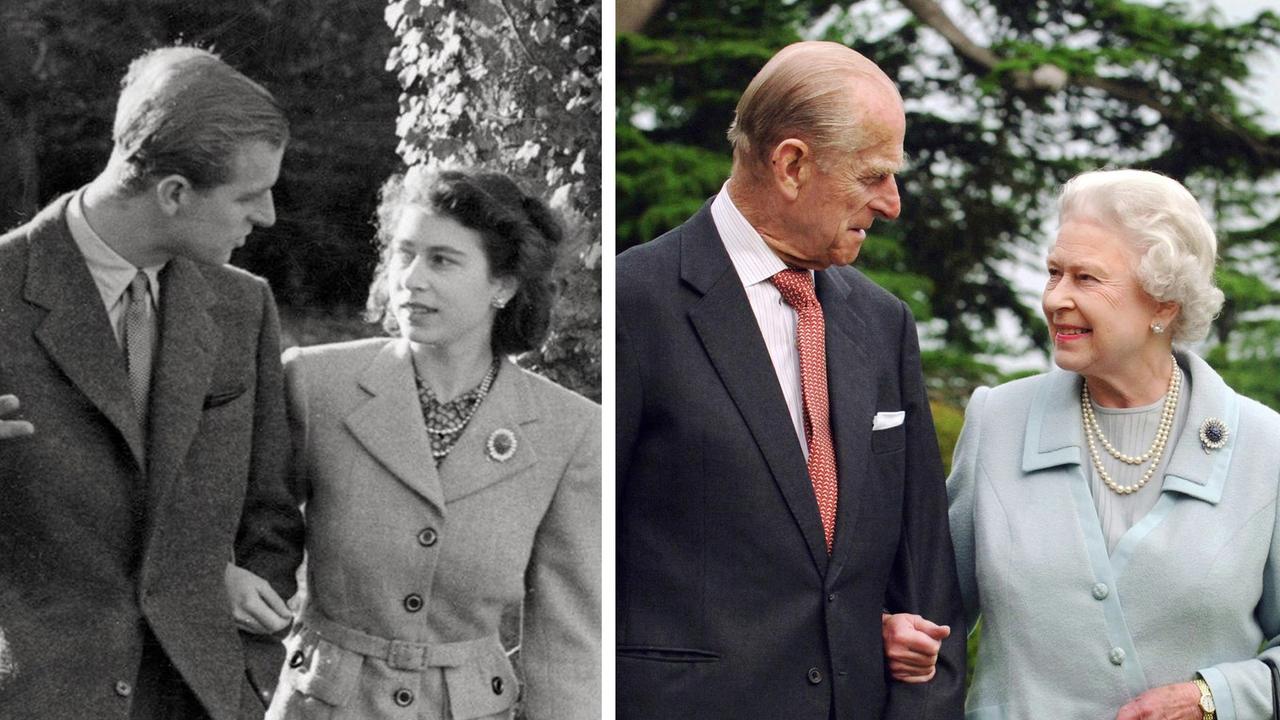 Left: The royal couple in their youth, walking in the grounds of Broadlands, Hampshire. Right: The couple in 2007. Picture: AFP