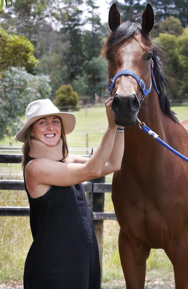 Jockey and trainer Siggy Carr with Thespian Waters. Siggy suffered a bad riding fall that has required surgery and a long recovery and will miss riding in the Summer Racing Festival. Picture: Nikki Davis-Jones