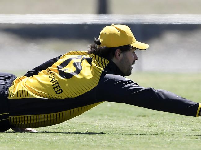 Sunbury UnitedÃs Liam Sherlock during the GDCA Cricket match between East Sunbury and Sunbury United in Sunbury, Saturday, Feb. 19, 2022. Picture: Andy Brownbill