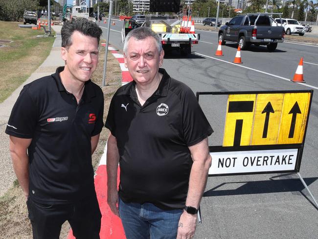 The countdown to the 2023 Boost Mobile Gold Coast 500 continues as track-work commences on the iconic 3-kilometre race route through Surfers Paradise/ Main Beach today. The track will take 6 weeks to build,and Supercars Event Manager, Matthew Ramsden, and local business owner, Mick Ellison Mano's Bar & Grill, check out the start of works. Picture Glenn hampson