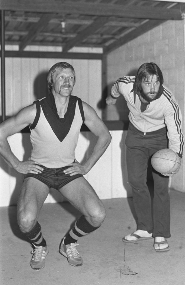 Sunshine Coast Aussie rules team members training at Noosa in the early 1980.