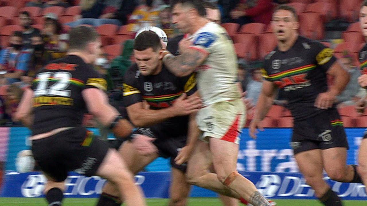 Nathan Cleary shoulder charge on Jack Bird.