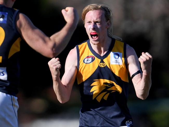 Mitchell Andrews, right celebrates a goal with team-mate Max Dyson during the NFL Semi-Final between Banyule and Whittlesea in Epping, Saturday, Aug. 31, 2019.  Picture: Andy Brownbill