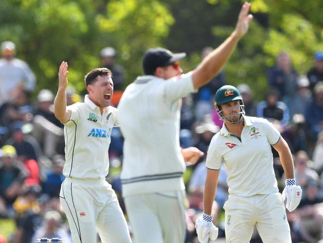 New Zealand's Matt Henry appeals for leg before wicket decision against Australia's Mitchell Marsh. Picture: AFP