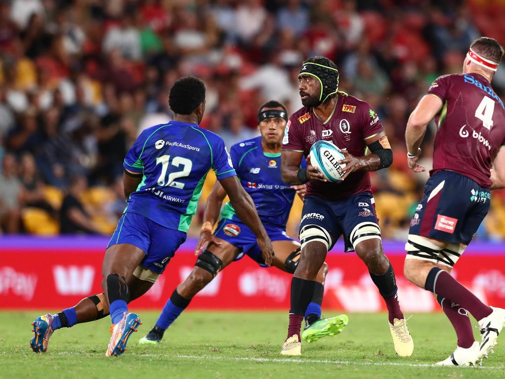 Reds flanker Seru Uru takes on the Fijian Drua defence. Picture: Chris Hyde/Getty Images