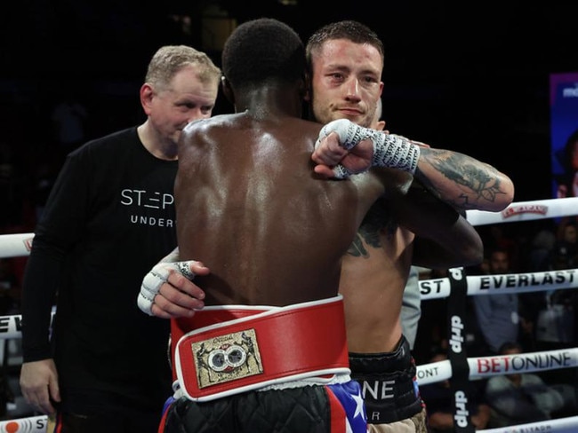Liam Paro congratulates Richardson Hitchens after their super-lightweight world title fight in Puerto Rico. Picture: Melina Pizano/Matchroom